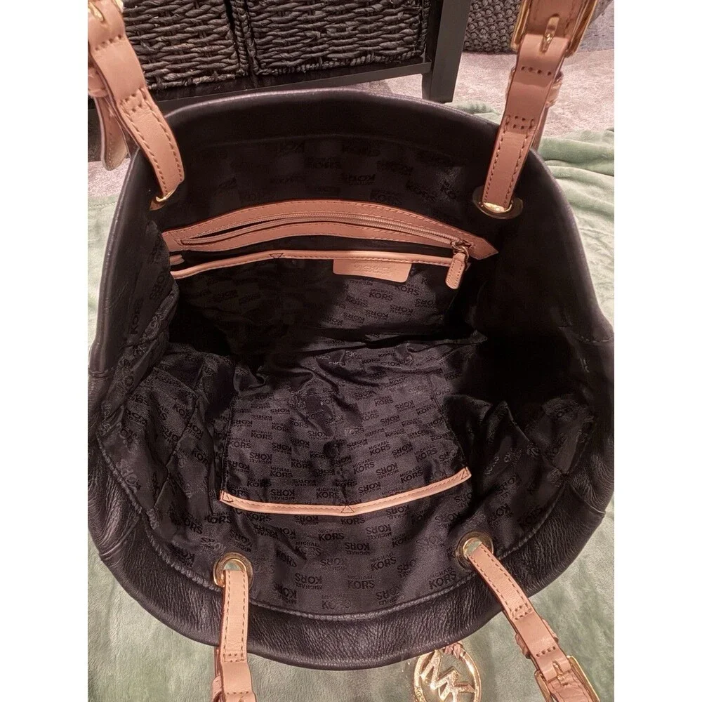 Michael Kors Black Pebbled Leather Tote Bag Pink Blush Straps Shoulder Purse Bag - Picture 8 of 8